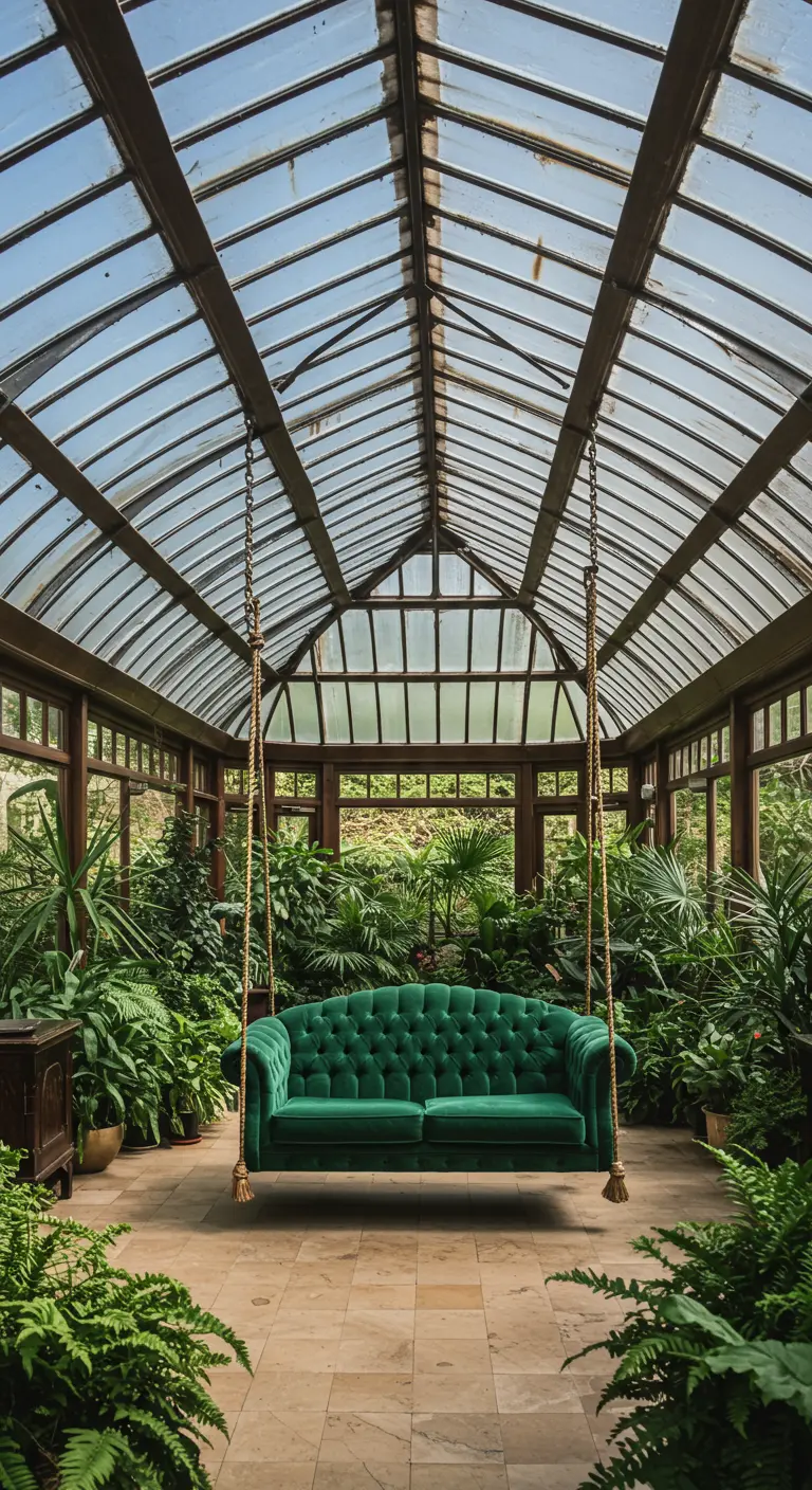 Groene fluwelen schommelbank in een glazen kas vol weelderige planten.