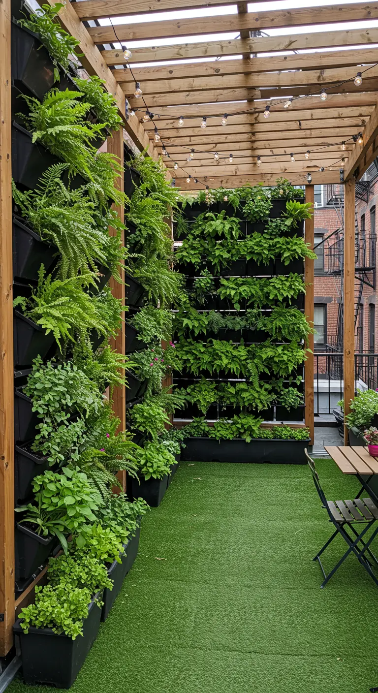 Daktuin met houten pergola, kunstgras en twee weelderige verticale plantenwanden.