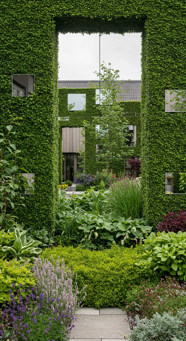 Moderne tuin met hoge, met klimop begroeide muren waarin vierkante spiegels zijn verwerkt.
