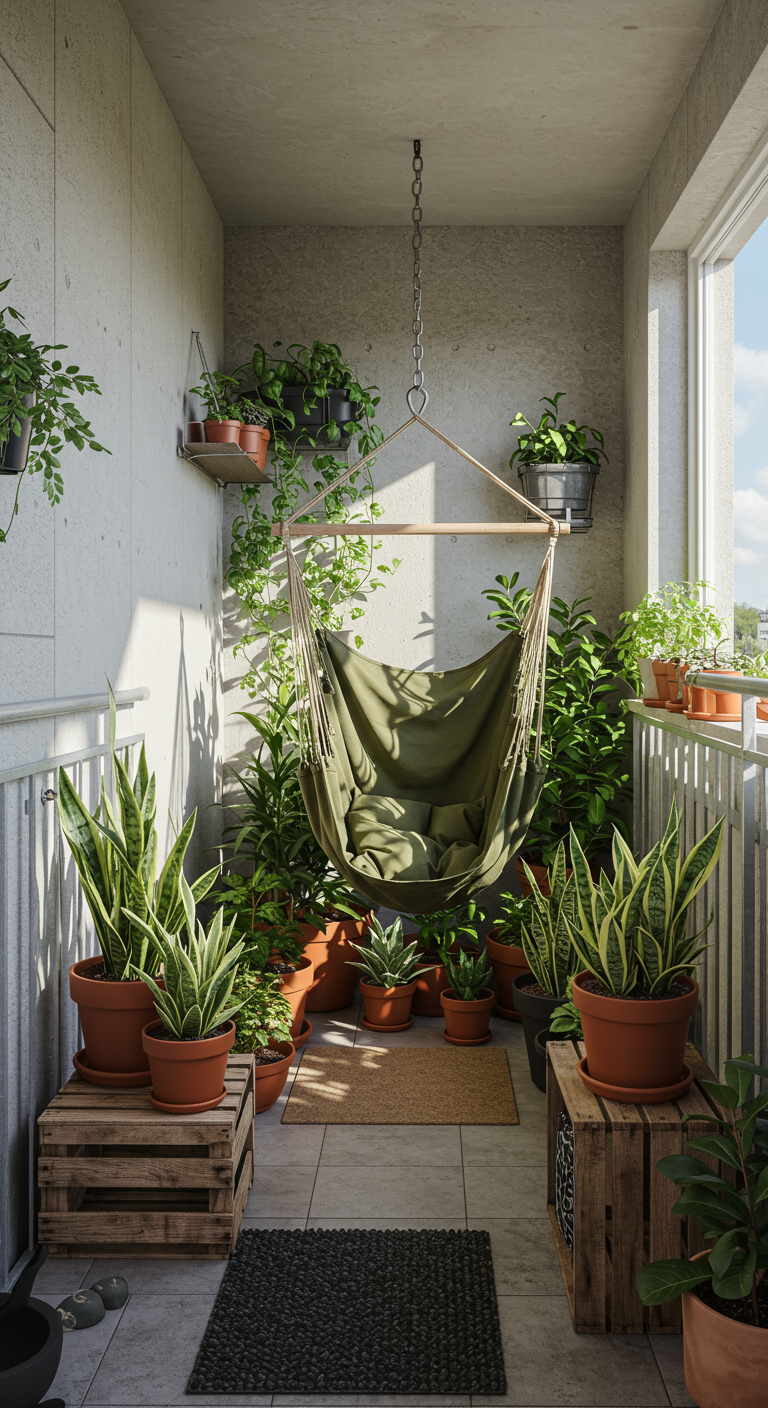 Stoffen hangstoel op balkon omringd door planten in potten en op houten kistjes.