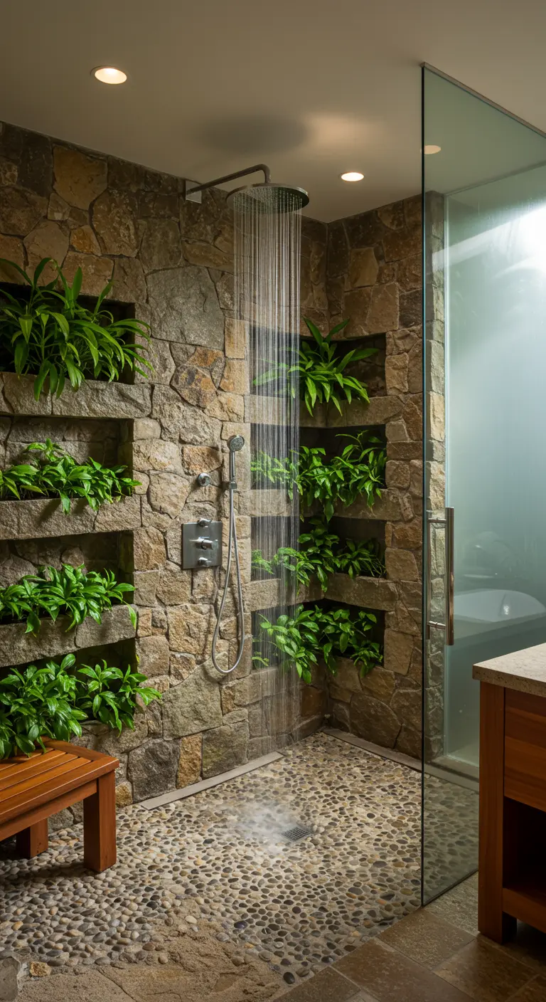 Douche met ruwe stenen muur, geïntegreerde plantenbakken, regenvaldouche en kiezelvloer.