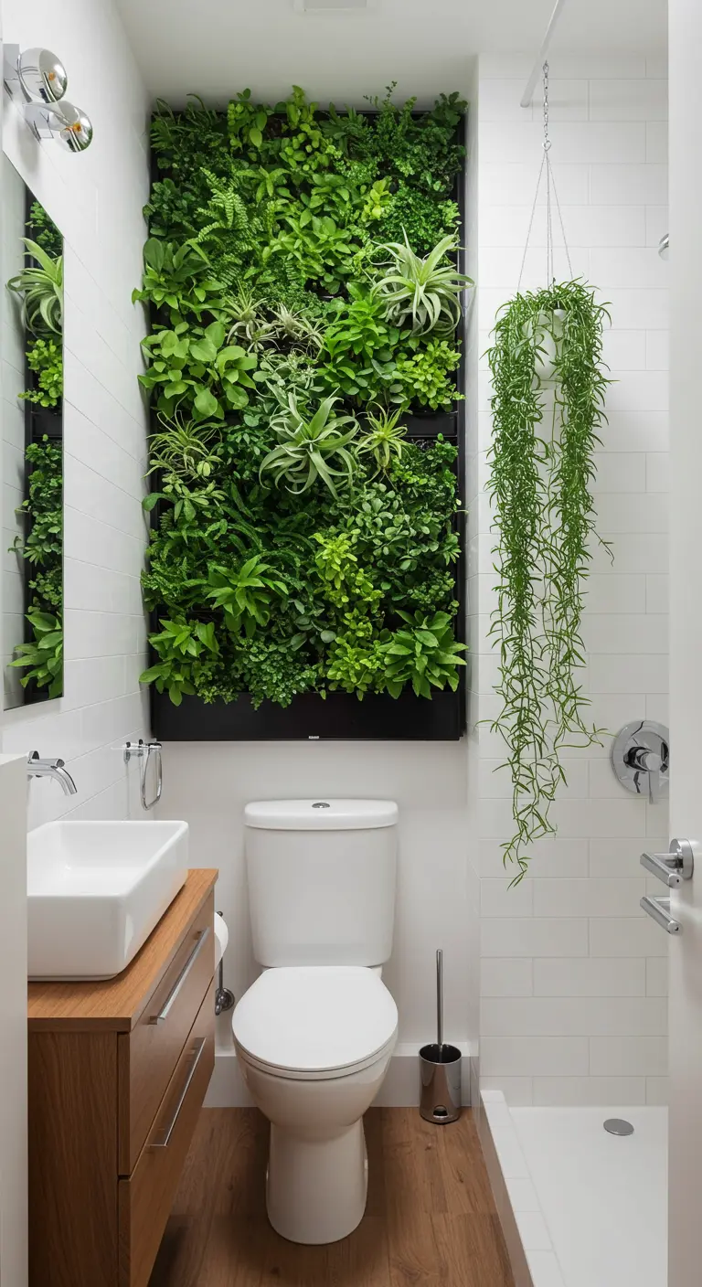 Witte compacte badkamer met groene plantenwand en hangplant