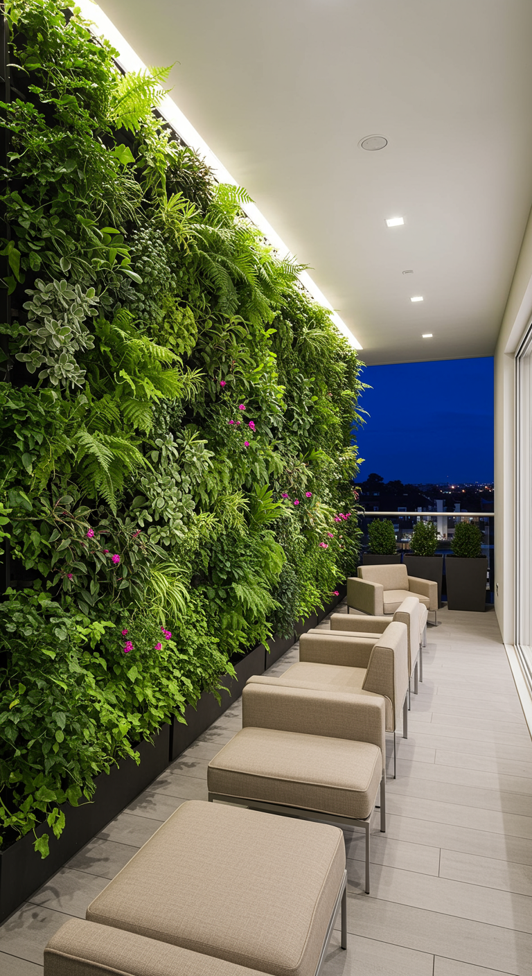 Modern balkon met een grote groene verticale plantenwand en beige poefjes.