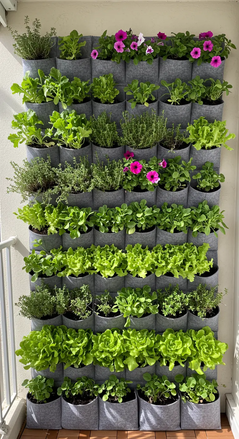 Verticale plantenwand met vakken gevuld met sla, kruiden en roze petunia's.