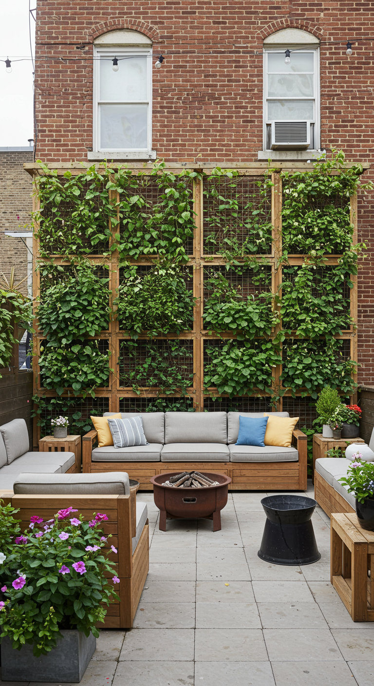 Grote houten constructie met gaas, volledig begroeid als groene wand in een stadstuin.