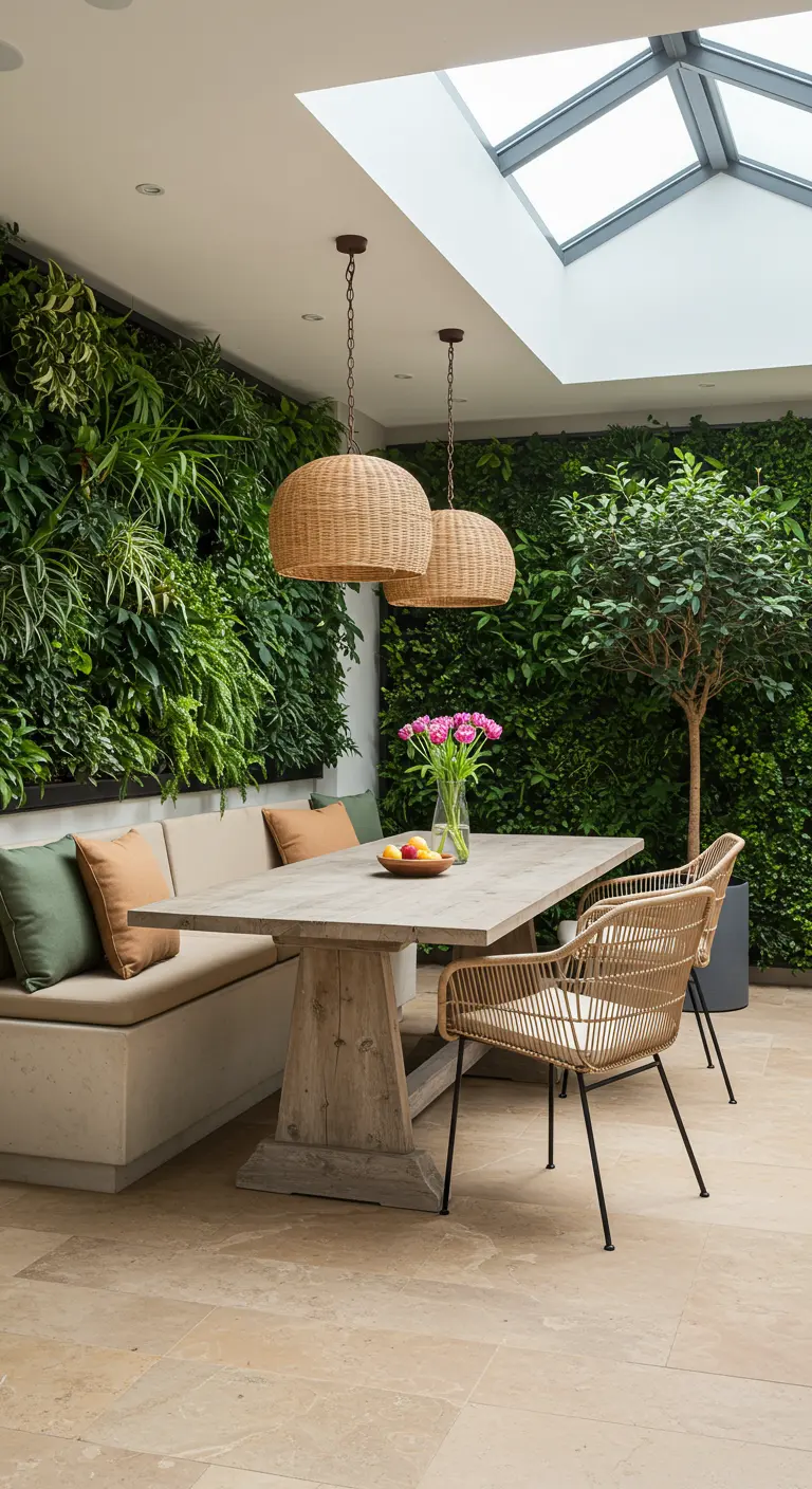 Eethoek met bank tegen een grote groene plantenwand en rotan hanglampen.