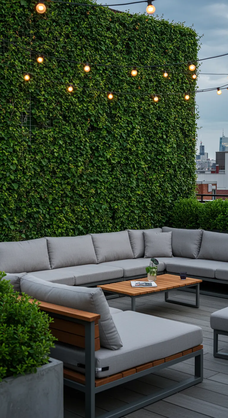 Grote groene klimopwand met een lichtsnoer erdoorheen, voor een loungebank op een terras.