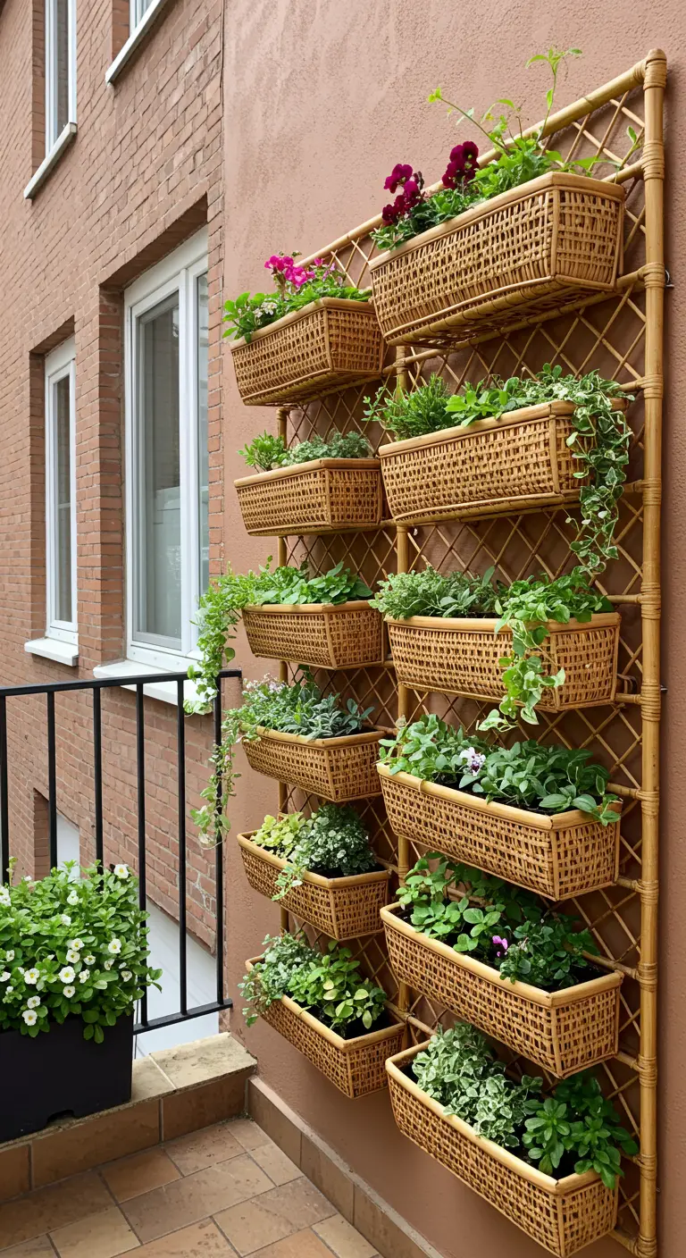 Verticaal rotan plantenrek aan een muur met diverse hangende plantenbakjes.