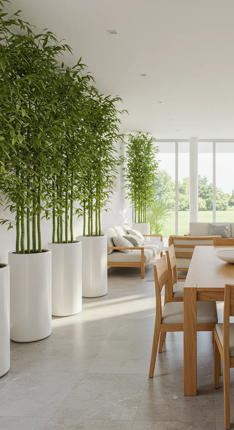 Lichte eethoek afgebakend door hoge bamboeplanten in witte potten.