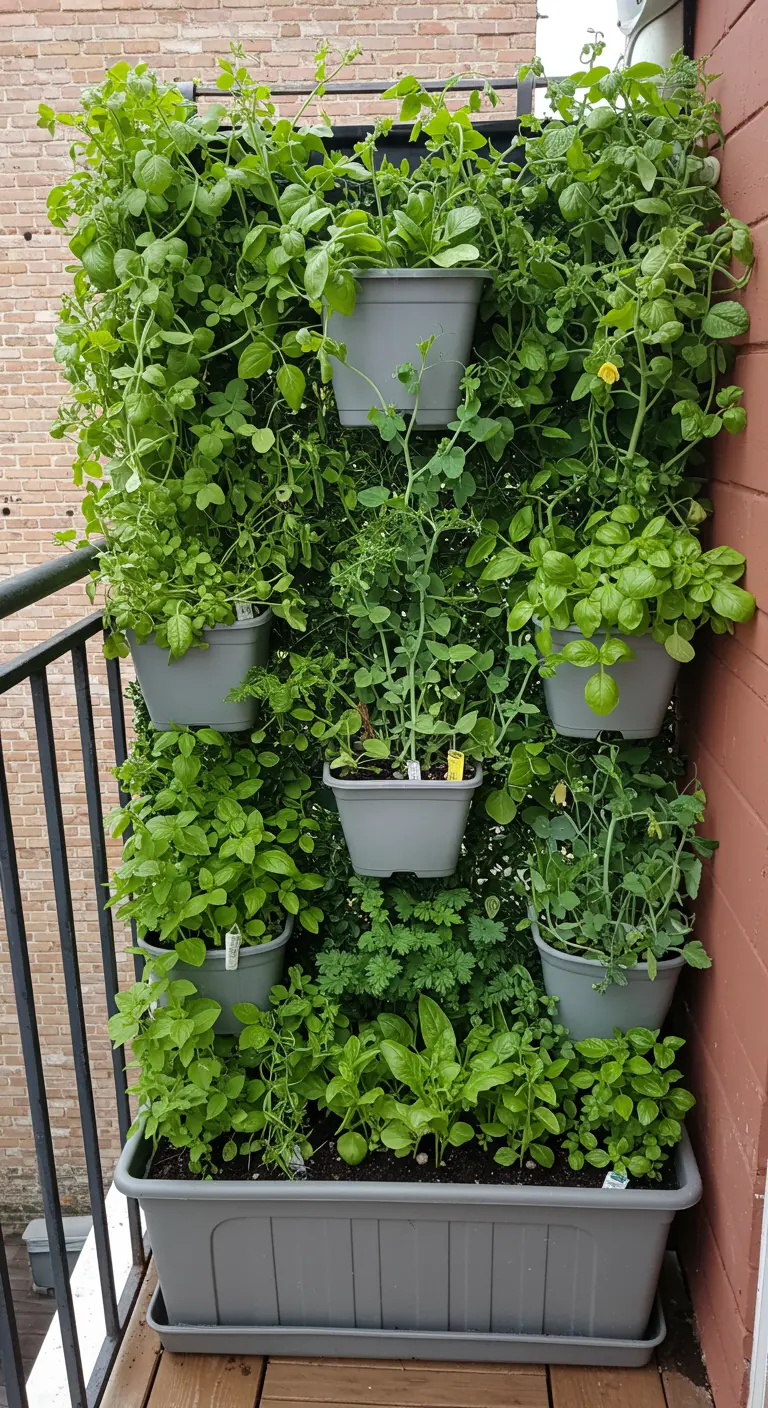 Hoge verticale plantenwand op een balkon, vol met diverse groene kruiden en groenten.