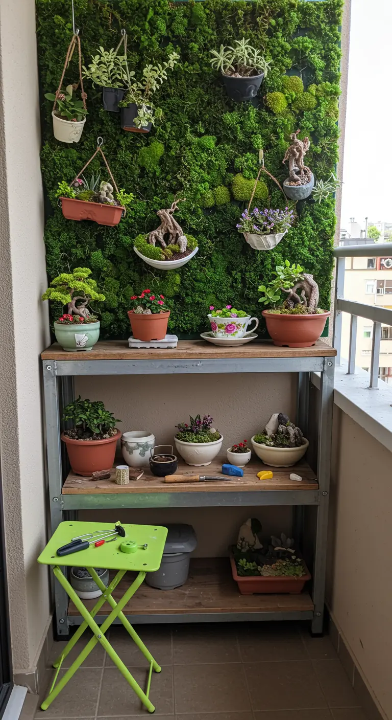 Balkon met verticale moswand, planken vol bonsais en miniatuurplanten, en een groen krukje.