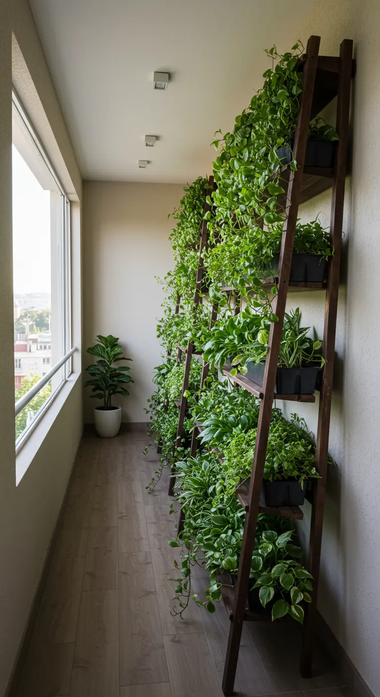 Hoge houten plantenladders vormen een groene wand op een smal balkon.