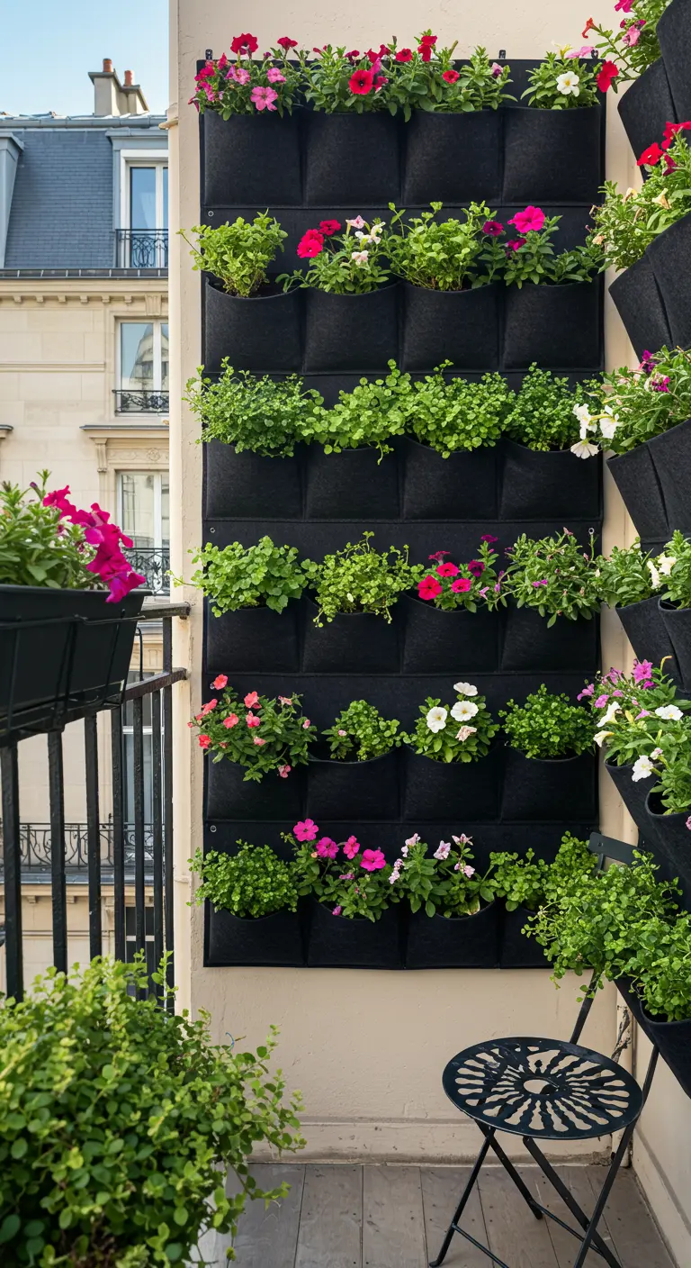 Zwarte verticale plantenzakken vol bloemen en groene planten aan een balkonreling.