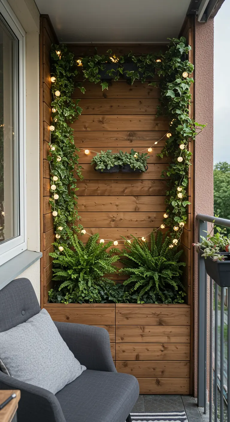 Houten inbouwnis op balkon met plantenbakken, klimop, varens en sfeervolle lichtslingers.
