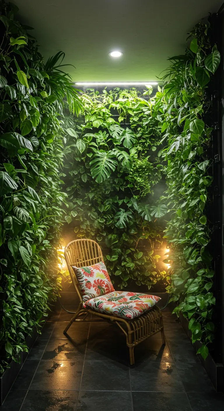 Groene nis vol tropische planten, verlicht met spotlights, met een rieten stoel.