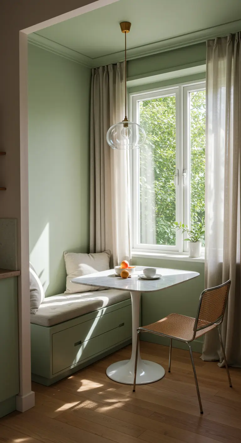 Groene eethoek bij het raam met ingebouwde bank, ronde witte tafel en rieten stoel.