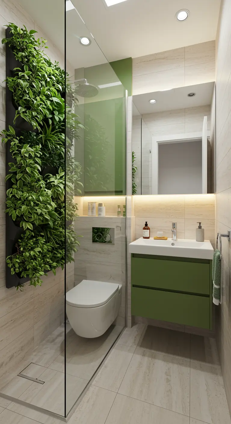 Lichte badkamer met een verticale plantenwand in de douche en een groen wastafelmeubel.