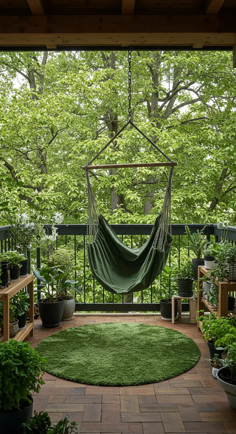 Groene hangstoel op een balkon vol planten met een rond groen shaggy kleed.