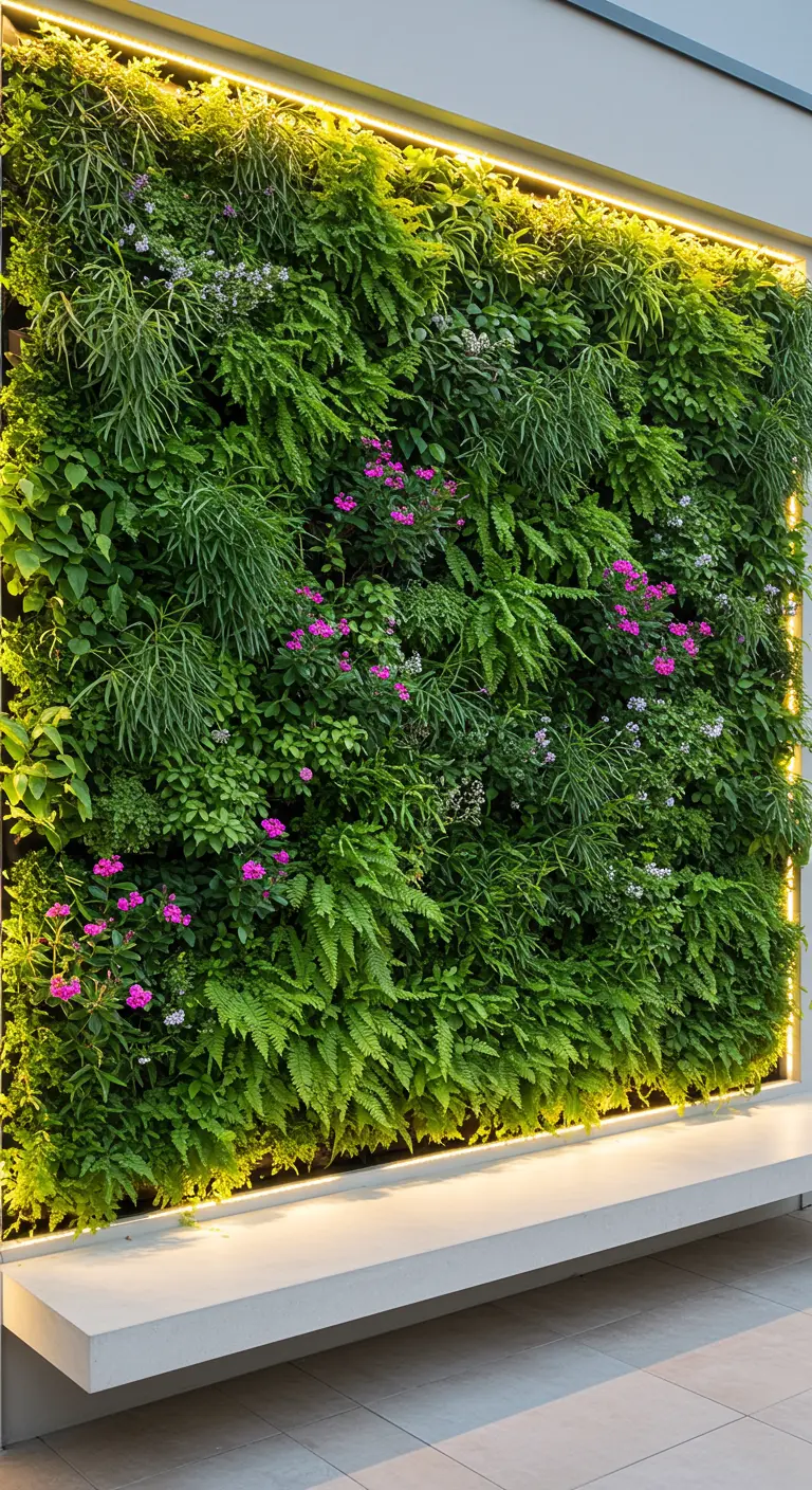 Lange betonnen bank voor een weelderige verticale plantenwand met sfeerverlichting.