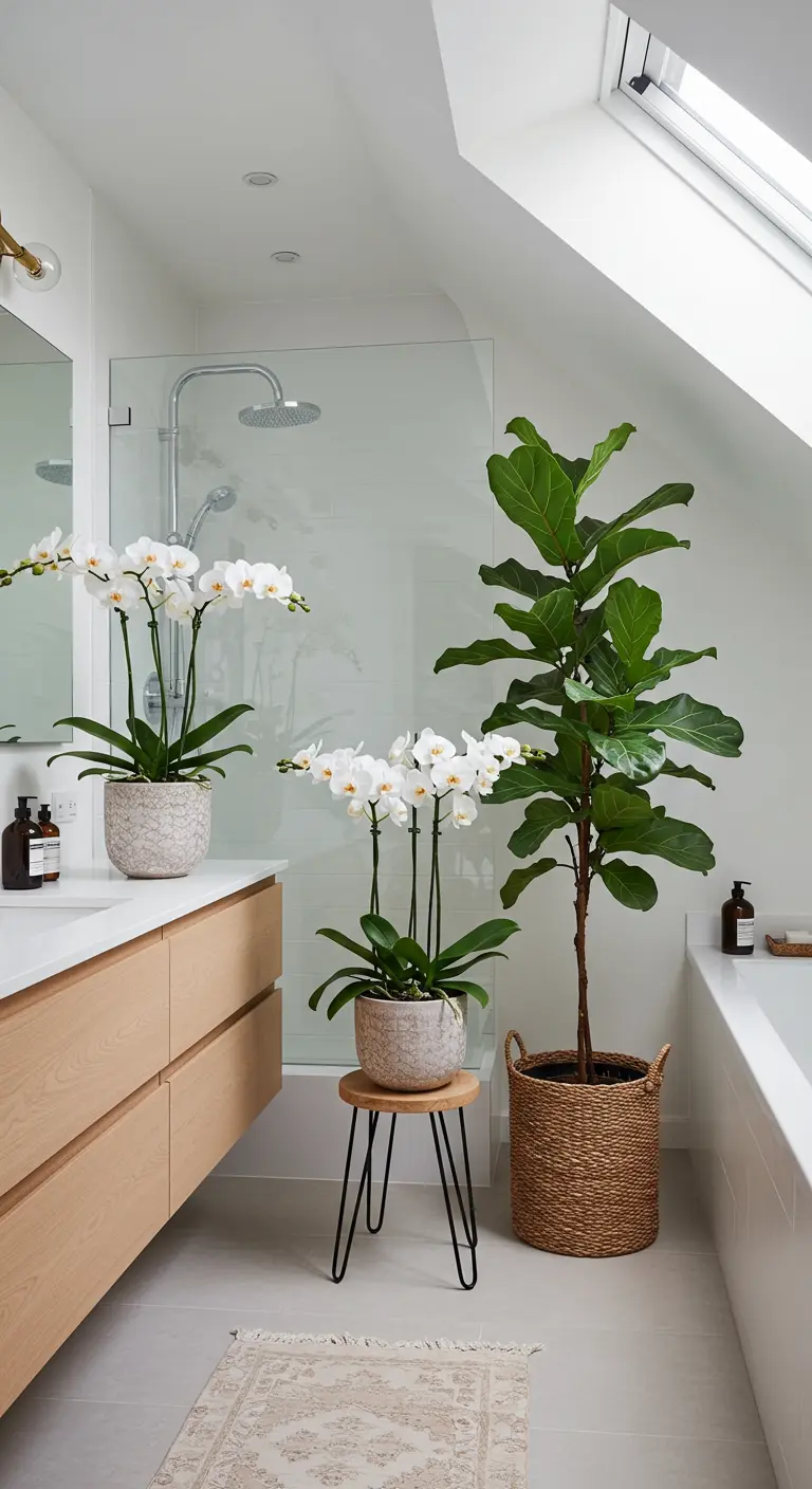 Lichte badkamer met houten meubel en diverse grote groene planten.