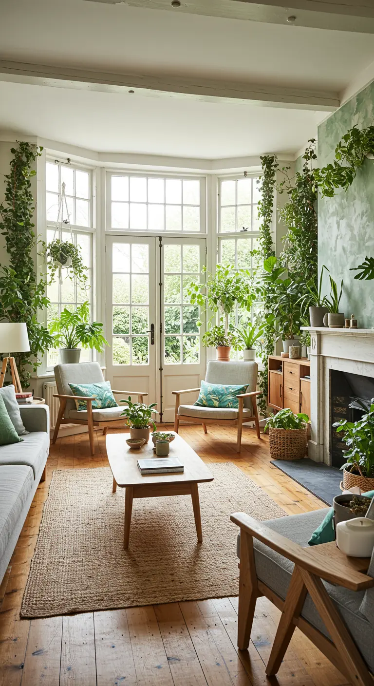 Lichte woonkamer met erker, veel kamerplanten, houten meubels en jute vloerkleed.