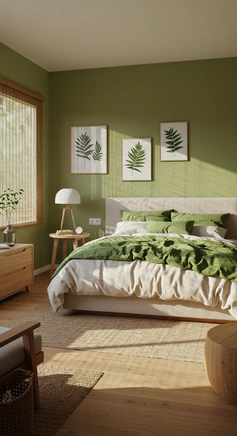 Slaapkamer met olijfgroene muren en ingelijste botanische prints.