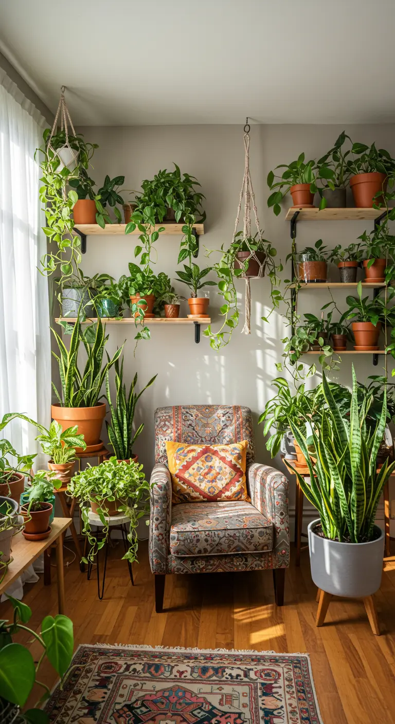 Woonkamerhoek vol diverse kamerplanten op planken, vloer en hangend.