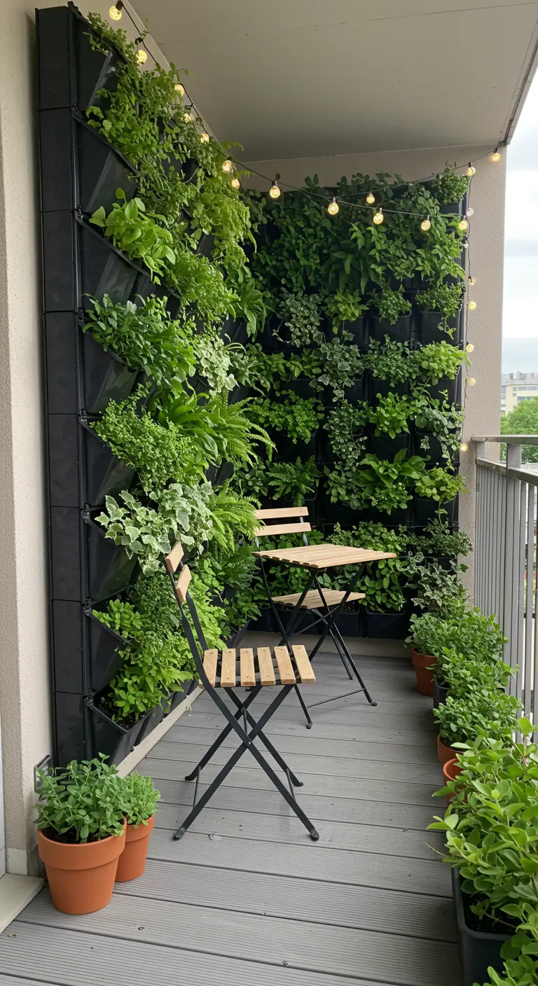 Balkon met grote verticale plantenwand, bistrosetje en lichtslinger.
