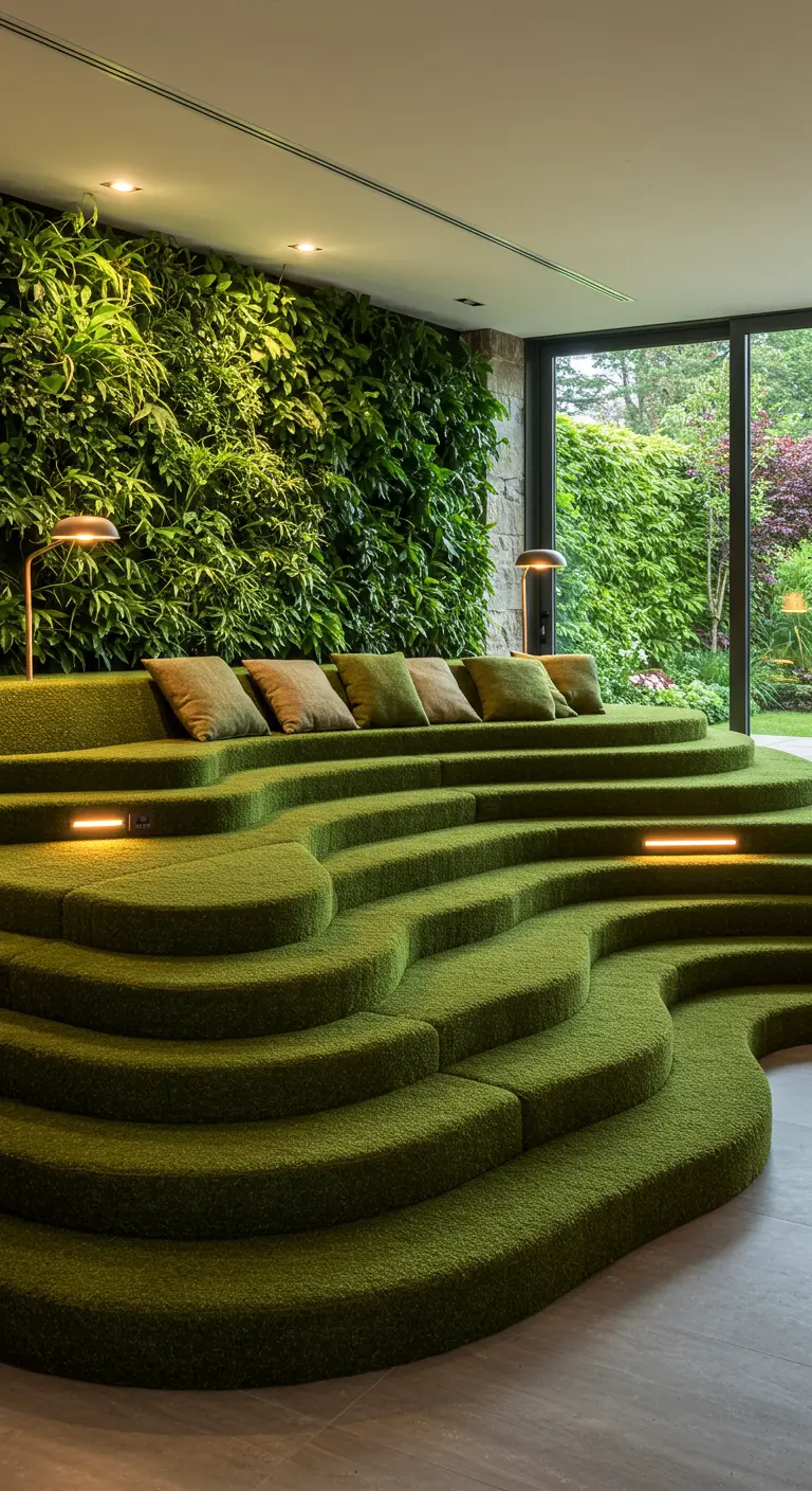 Gelaagde, golvende zitconstructie bekleed met groen tapijt, tegen grote groene plantenwand.