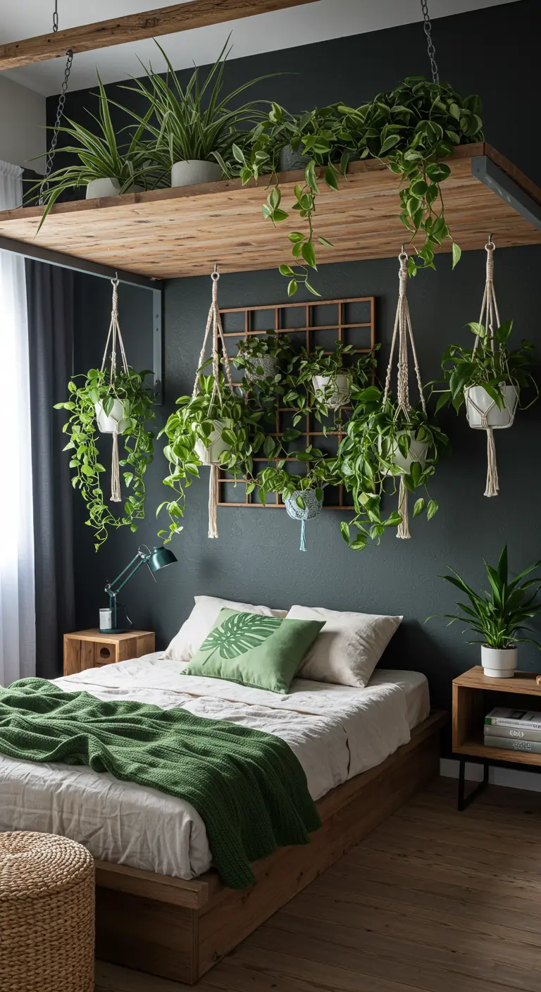 Slaapkamer met een houten constructie vol hangplanten boven het bed.
