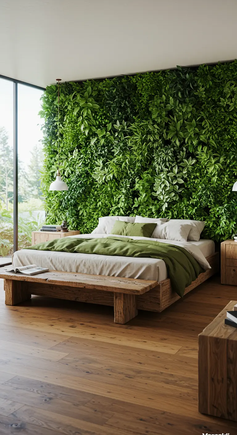 Slaapkamer met een groene plantenmuur en bed van hergebruikt hout.