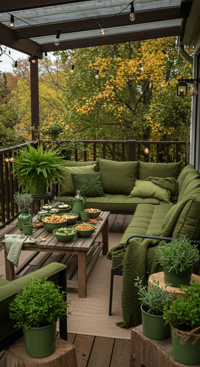 Balkon met groene loungebank, kussens, planten en een lichtsnoer.
