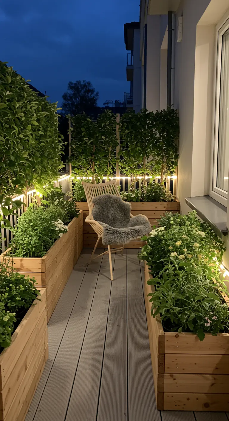Houten stoel met grijs schapenvachtje op een balkon met houten plantenbakken en sfeerverlichting.