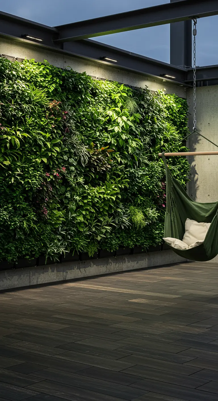 Donkergroene hangmat voor een grote verticale plantenwand op houten vlonder.