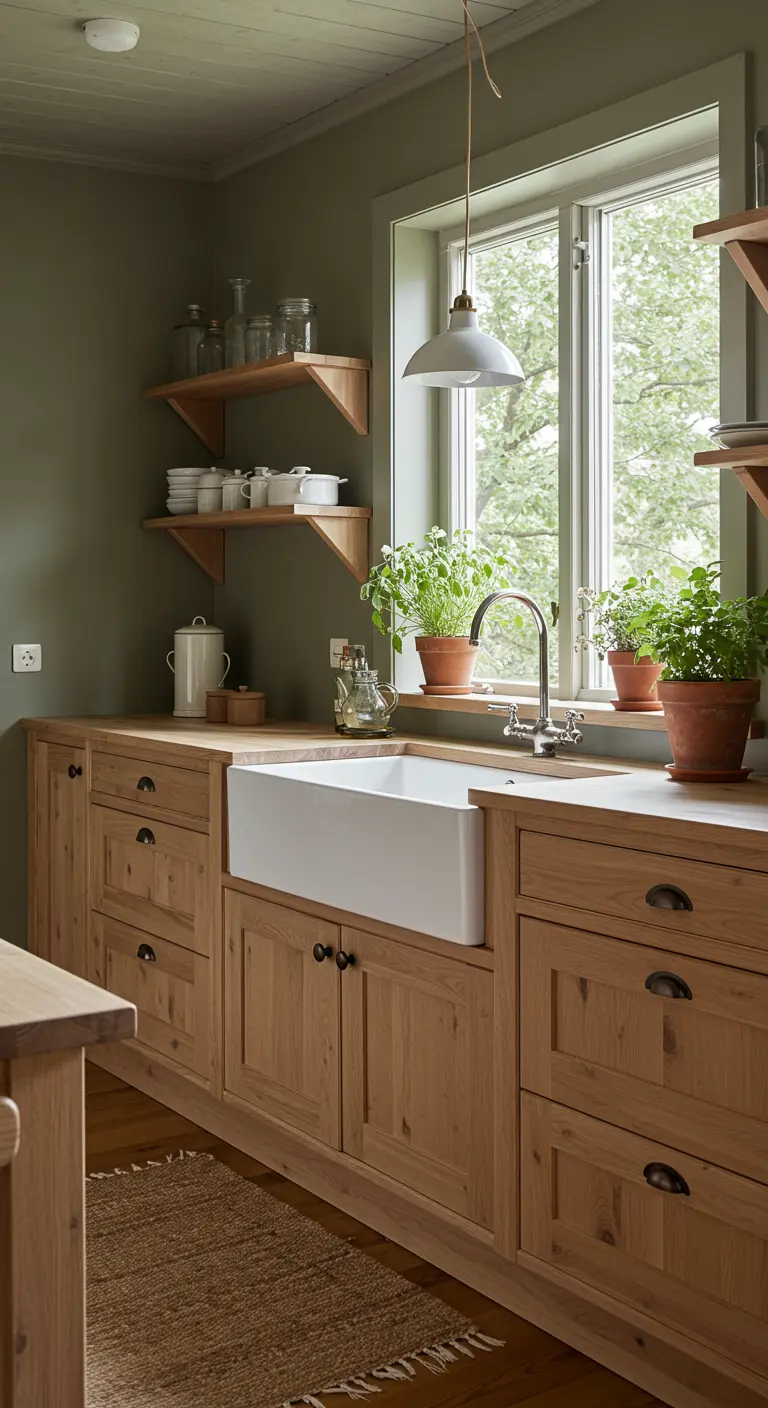 Landelijke houten keuken met olijfgroene muren en witte boerderijspoelbak.
