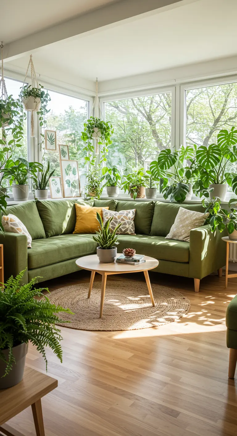 Groene hoekbank omringd door vele kamerplanten bij een groot raam.