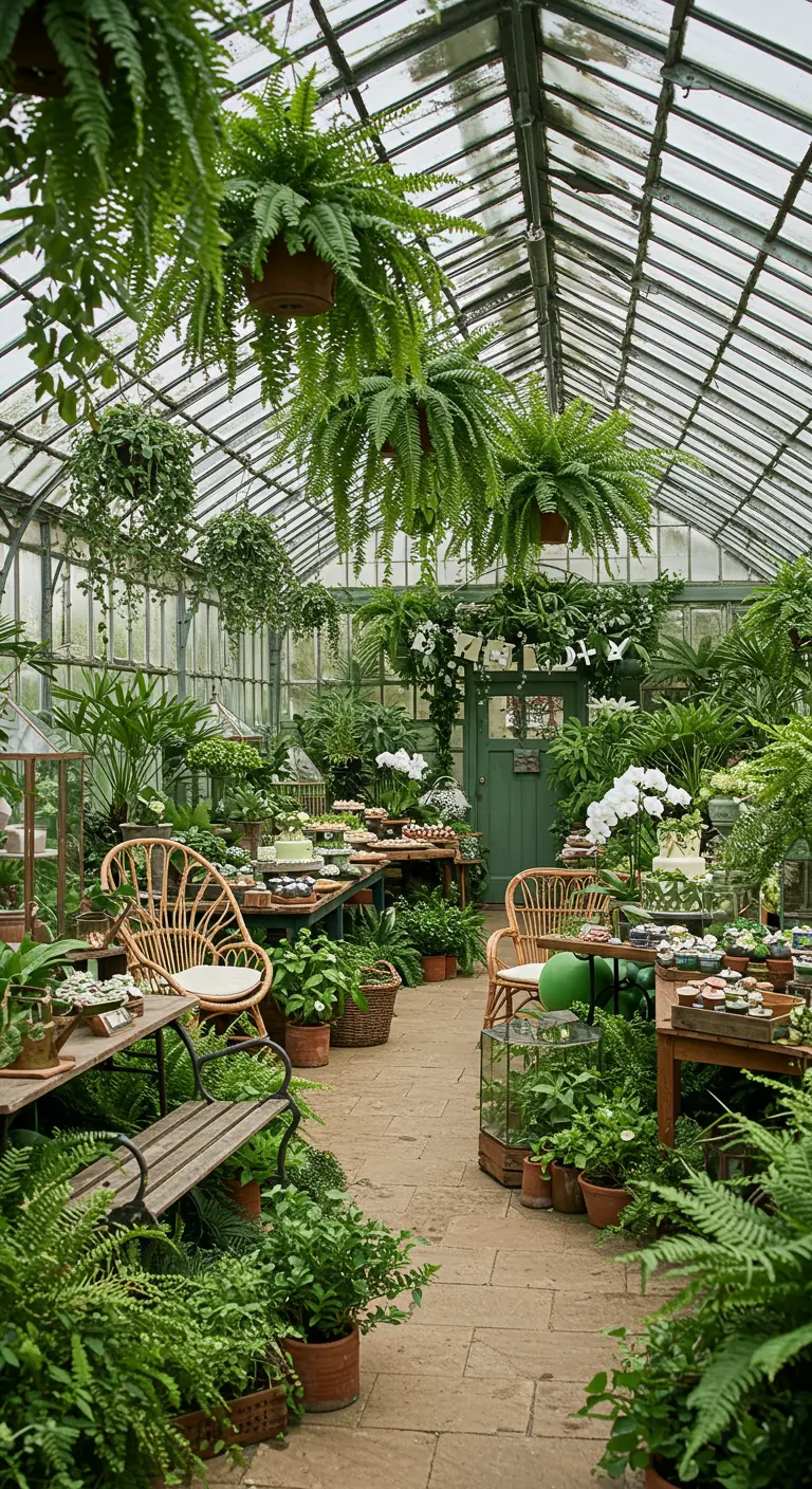 Feest in een botanische kas vol hangende varens en planten.