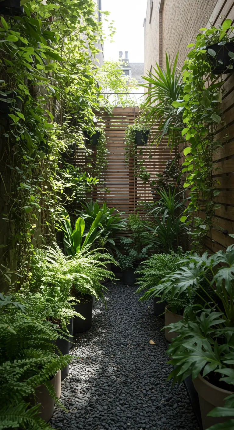 Smal, schaduwrijk tuinpad met donker grind, omringd door weelderige groene planten en klimmers.