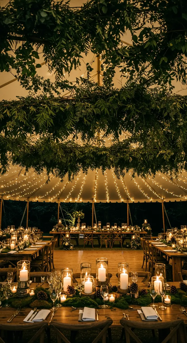 Bruiloftstent met overvloedig hangend groen aan het plafond en veel kaarslicht op tafels.