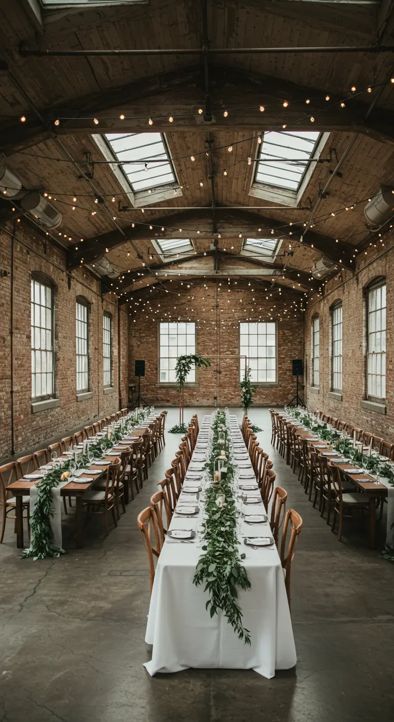 Lange tafels met groene guirlandes in een industriële ruimte met bakstenen muren en grote ramen.