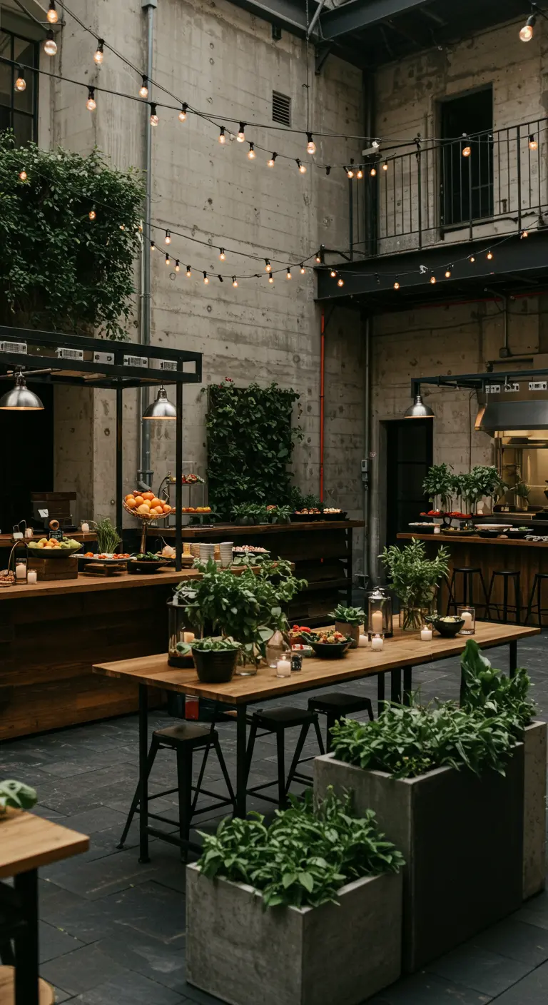 Stedelijke binnenplaats omgetoverd tot groene oase met planten en lange tafels.