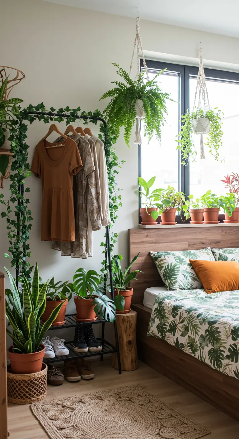 Slaapkamer met een kledingrek omringd door vele planten, botanisch beddengoed.