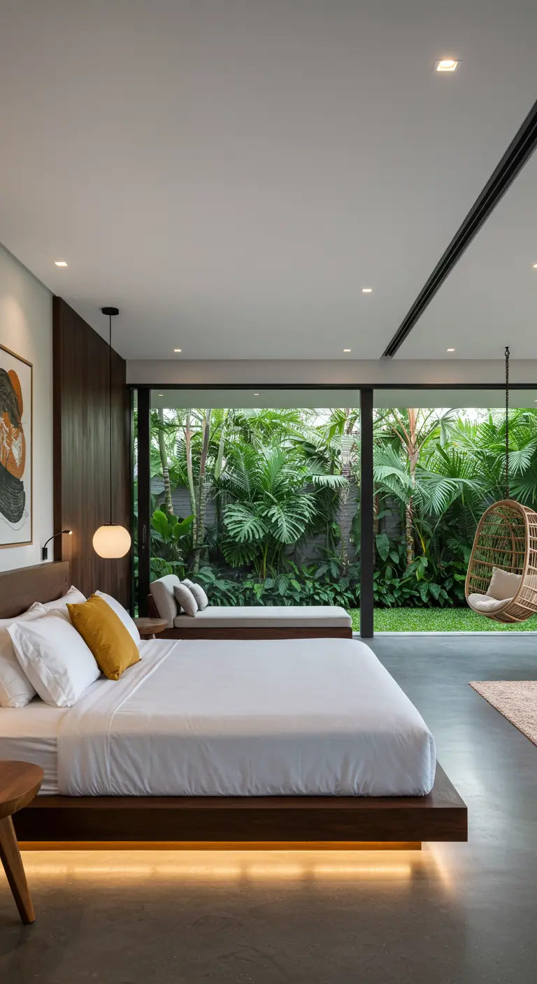 Moderne slaapkamer met uitzicht op tuin, donker houten bed en een hangstoel.