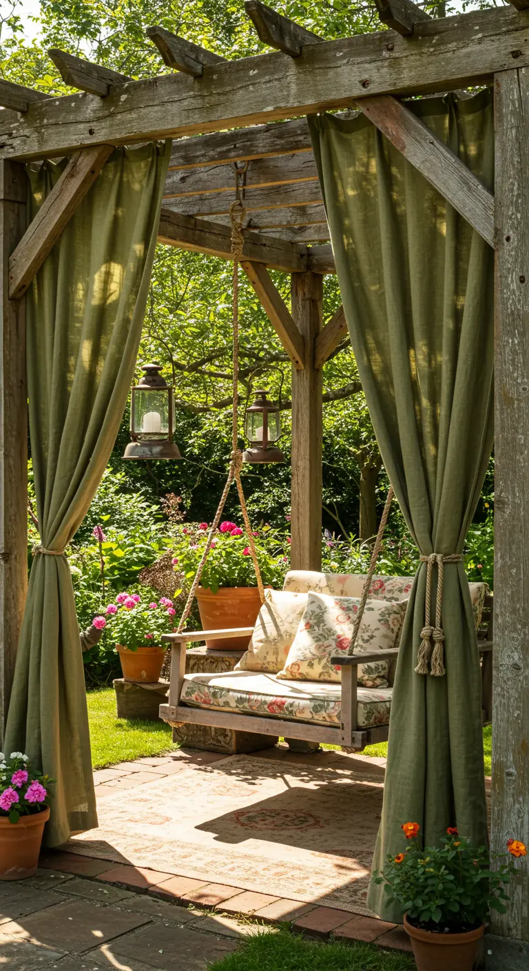 Houten schommelbank onder pergola met groene gordijnen en hangende lantaarns in tuin.