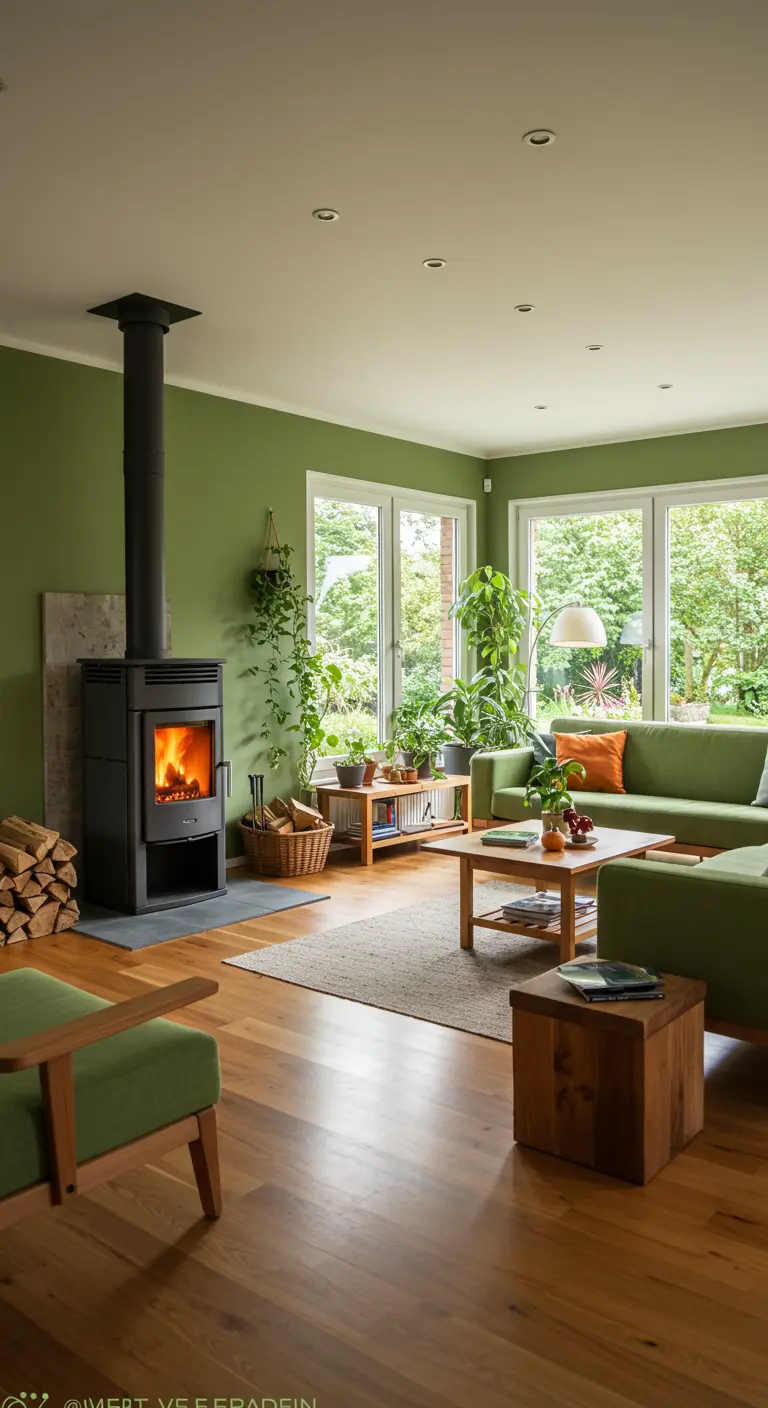 Zwarte houtkachel in een woonkamer met groene muren en veel kamerplanten.