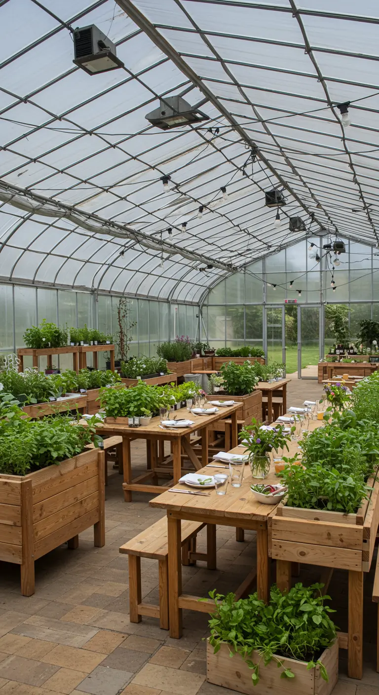 Bruiloftsdiner in een kas met houten tafels en kruiden als tafeldecoratie.