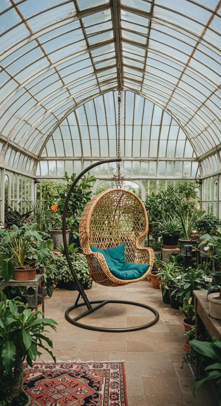 Rotan eivormige hangstoel met standaard in een kas vol planten.