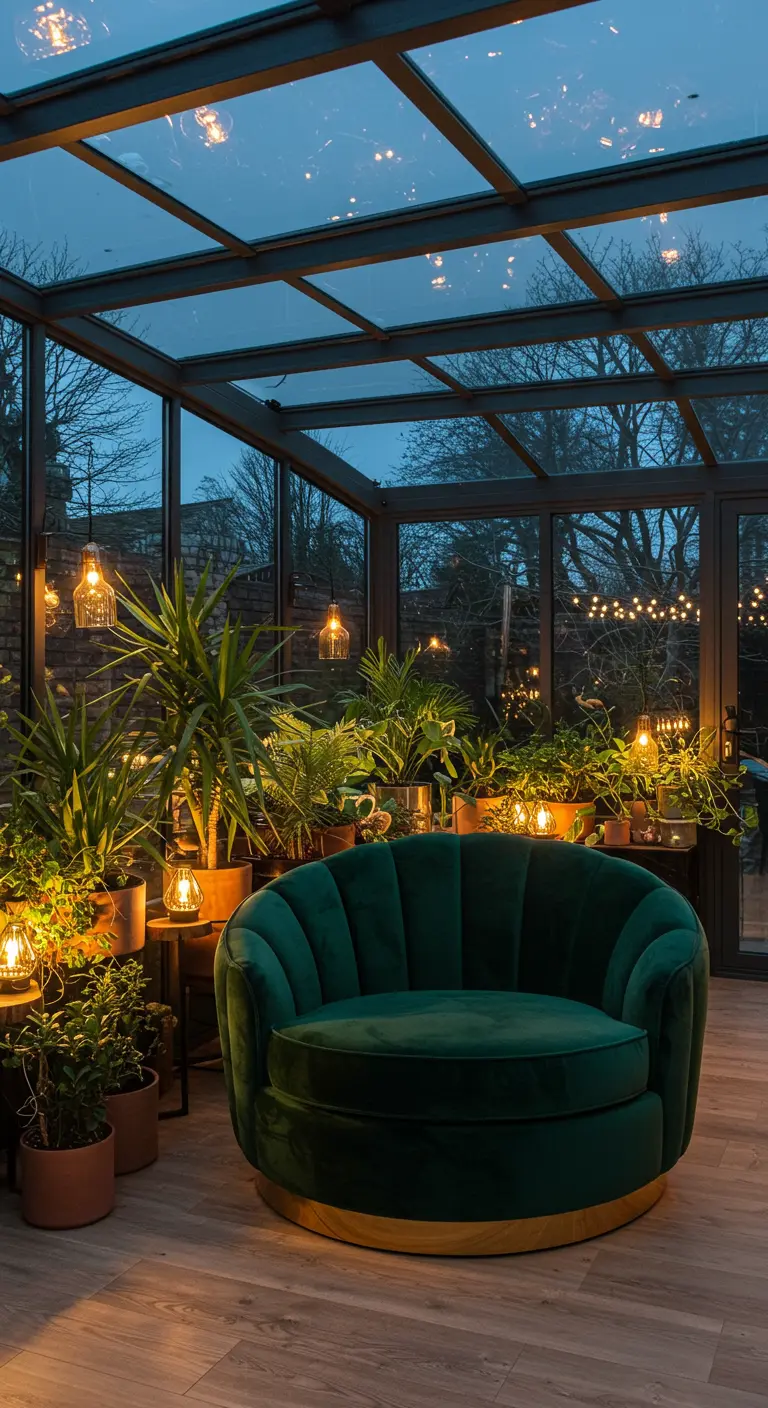 Grote groene fluwelen fauteuil in glazen serre vol planten en sfeerverlichting.