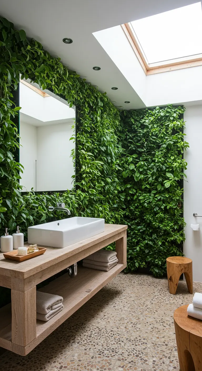 Badkamer met verticale plantenwand, houten wastafelmeubel en witte opzetwaskom.
