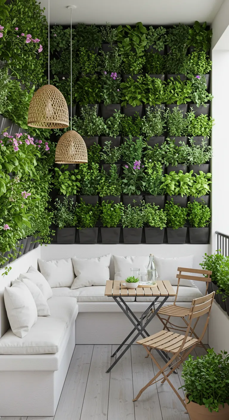 Balkon met grote verticale plantenwand, witte hoekbank en houten klaptafel.